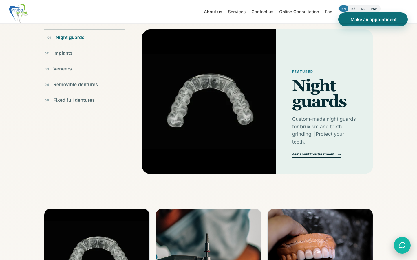Aruba Dental Clinic services page showing a treatment list and photography.