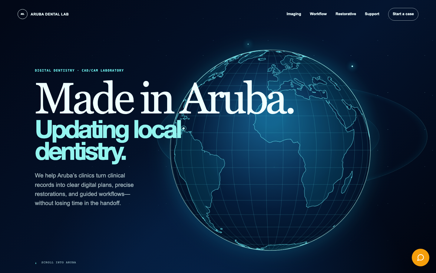 Aruba Dental Lab homepage: a wireframe globe on deep blue with the headline Made in Aruba, Updating local dentistry.