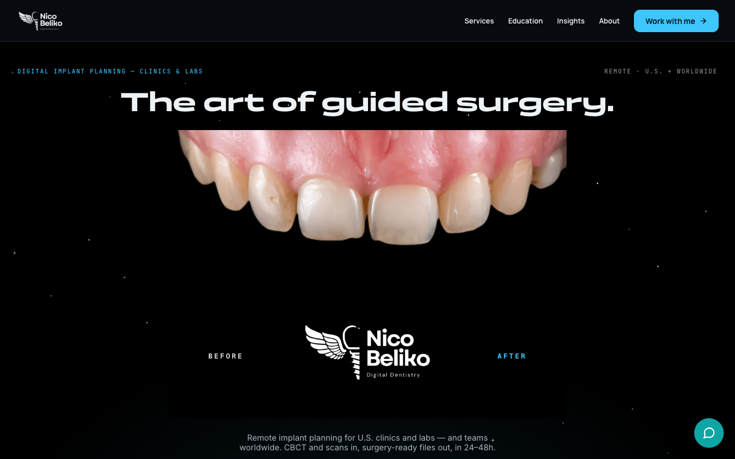 NB Digital Dentistry homepage on black with the headline The art of guided surgery.